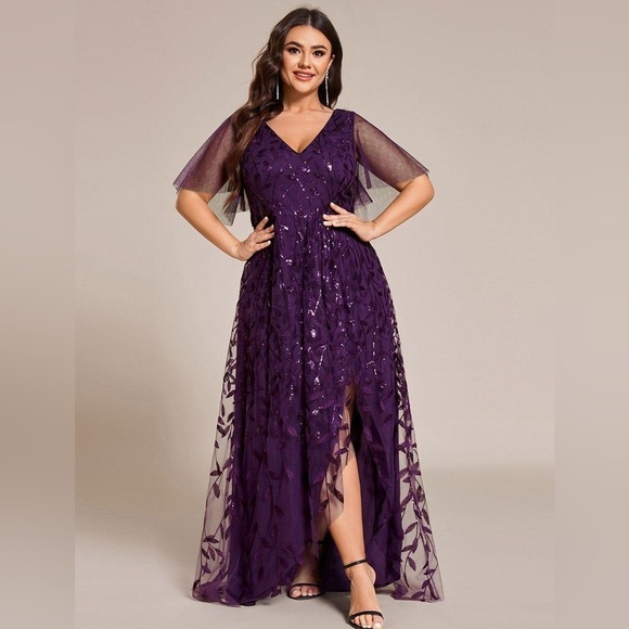 None Dresses & Skirts - 🆕 Plus Size Short Sleeves Sequin High Low V-Neck Midi Formal Evening Dress